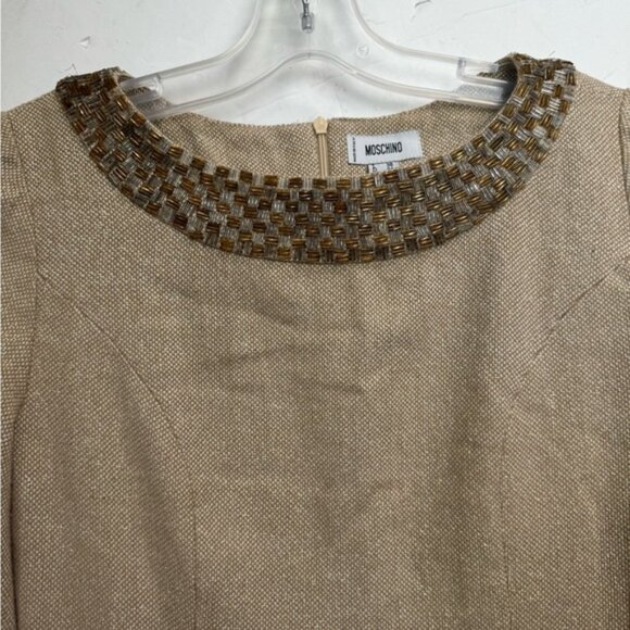 Moschino Vintage Y2K Beaded Gold A Line Mini Dress Metallic Wool Cotton Neutral - Picture 8 of 16